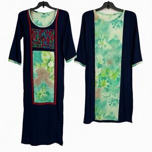 Women’s Indian Kurti Tunic Dress XL Blue Green Embroidered Ethnic Boho Bollywood